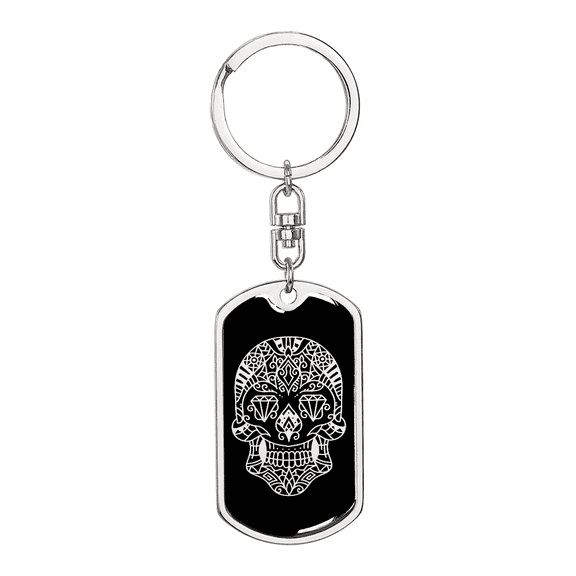 Calavera Mexican Sugar Skull 136 Stainless Steel or 18k Gold Premium Swivel Dog Tag Keychain