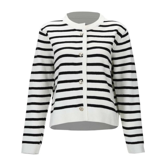 UJNDER Cardigan en Tricot à Rayures pour Femmes, Veste Chandail à Manches Courtes, Réduction de l'Âge, Décontractée, Légère, Noire, m