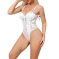 thumbnail image 4 of INSPIRE CHIC Women's Mesh Lace Bodysuit Sheer Underwired Bustier Corset Tops Shapewear with Double Straps High Waisted Thongs Leotard S White, 4 of 5