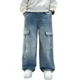 thumbnail image 2 of XQYLOS Boys Cargo Jeans Elastic Waist Baggy Denim Pants Wide Leg Straight Loose Trousers with Pockets for Kids & Teens, 2 of 9