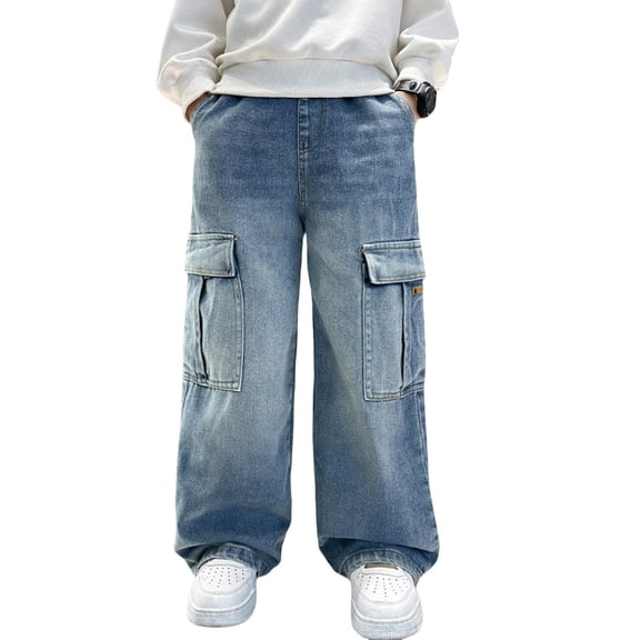 EnJoCho Boys Baggy Jeans Casual Straight Wide Leg Cargo Denim Pants Summer Elastic Waist Loose Fit Multi Pocket Streetwear Teen Kids