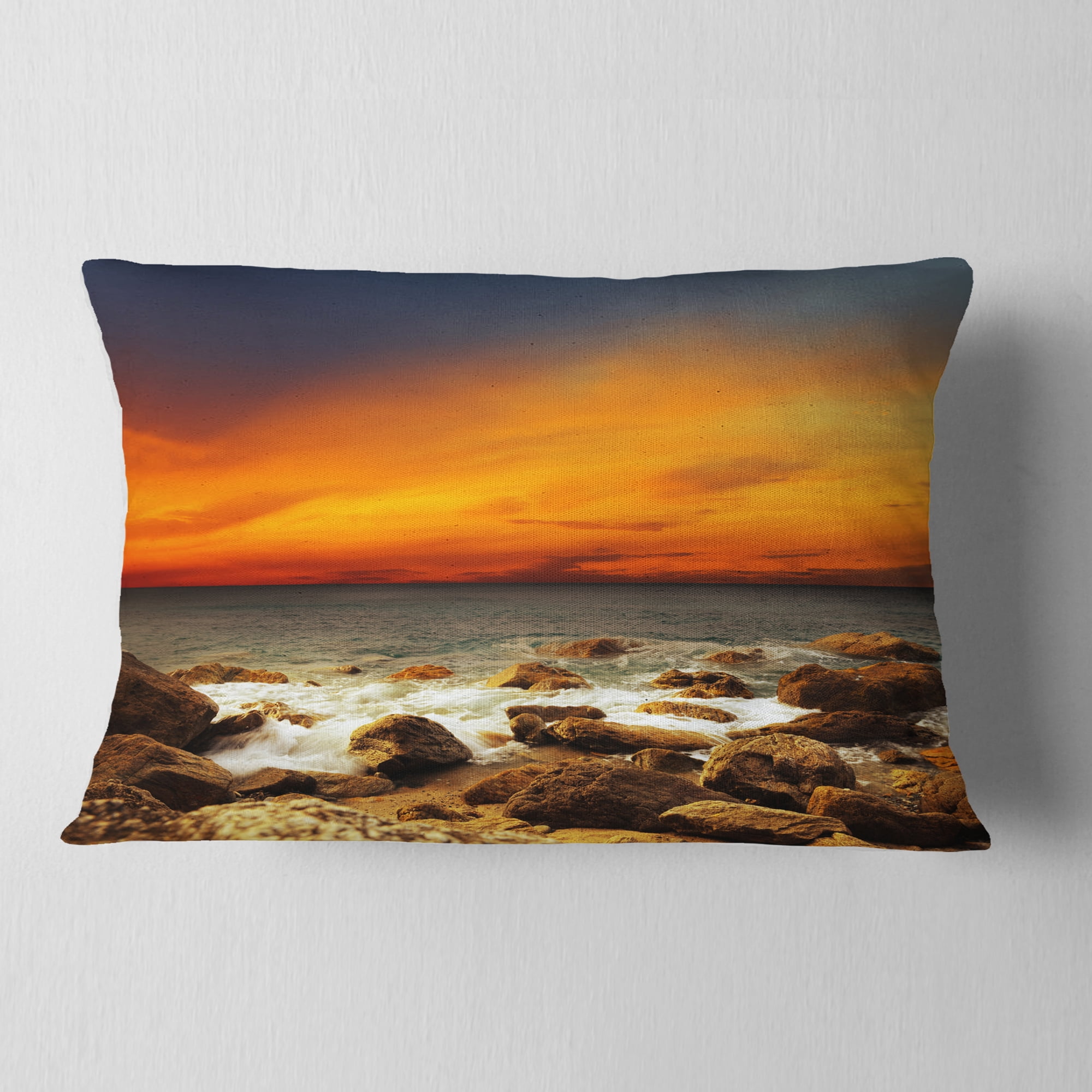 Designart Red Sky over Rocky Seashore - Beach Photography Throw Pillow - 12x20