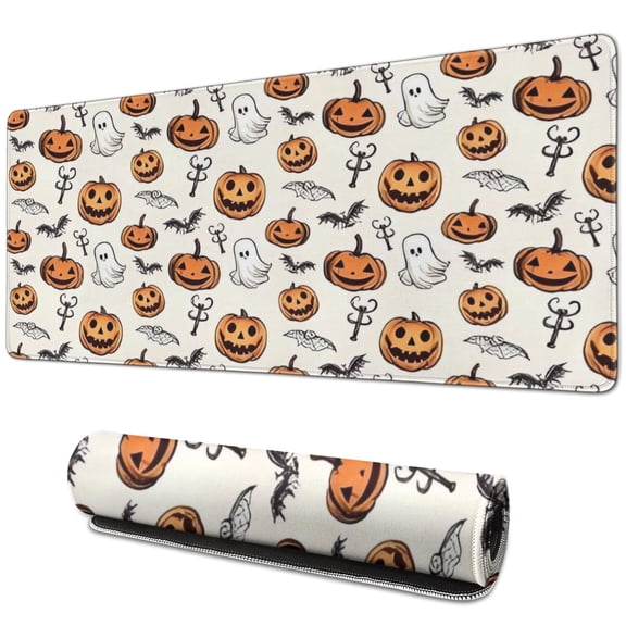 Long Mouse Pads for Desk,Halloween Pumpkins Ghosts and Bats Desk Mats on Top Of Desks, Desk Mouse Pad Extra Large with 3mm Non-Slip Base and Stitched Edge for Gaming,Office,Work,Home 31.5x11.8in