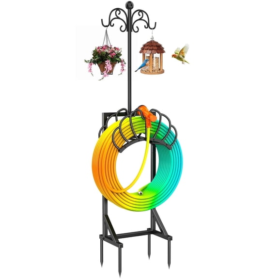 Garden Hose Holder for Outside, Garden Hose Reel with 2 Shepherds Hooks, Heavy Duty Freestanding Water Pipe Stand, Black