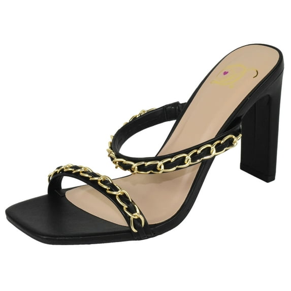 Delicious Shoes Women Block High Heel Sandals Gold Chain Band Square Toe FENN-S Black 5.5