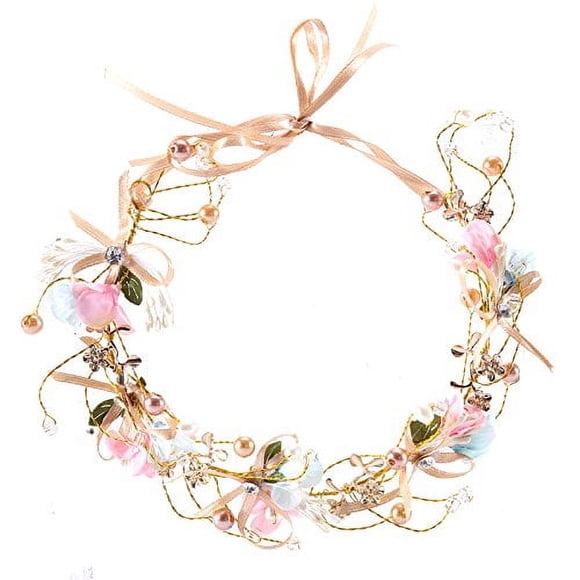 Artfen Guirnalda de Flores Nupcial Hecha a Mano Diadema con Lazo Corona para Dama de Honor para niños Corona para el Cabello Halo Cinta Ajustable Festivales de Boda Fiesta Cosplay