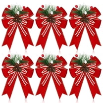 6PCS Christmas Bow With Pine Cones Pine Needles Xmas Checkered Ribbon Bow Christmas Tree Decoration Bows