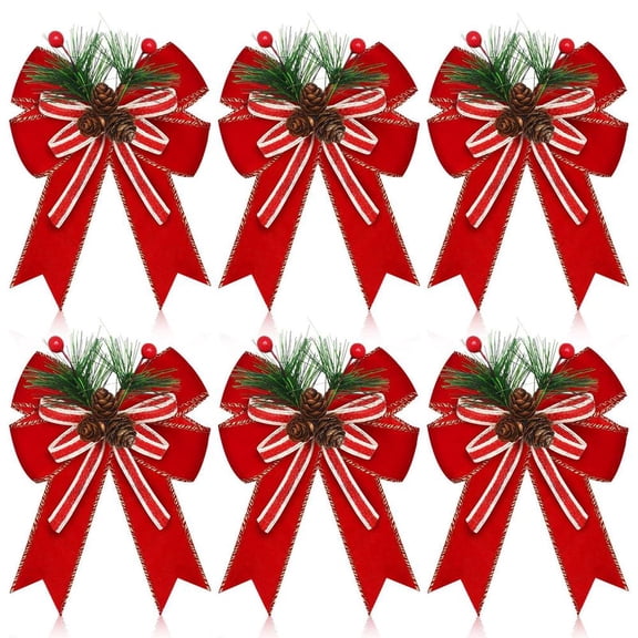 6PCS Christmas Bow With Pine Cones Pine Needles Xmas Checkered Ribbon Bow Christmas Tree Decoration Bows