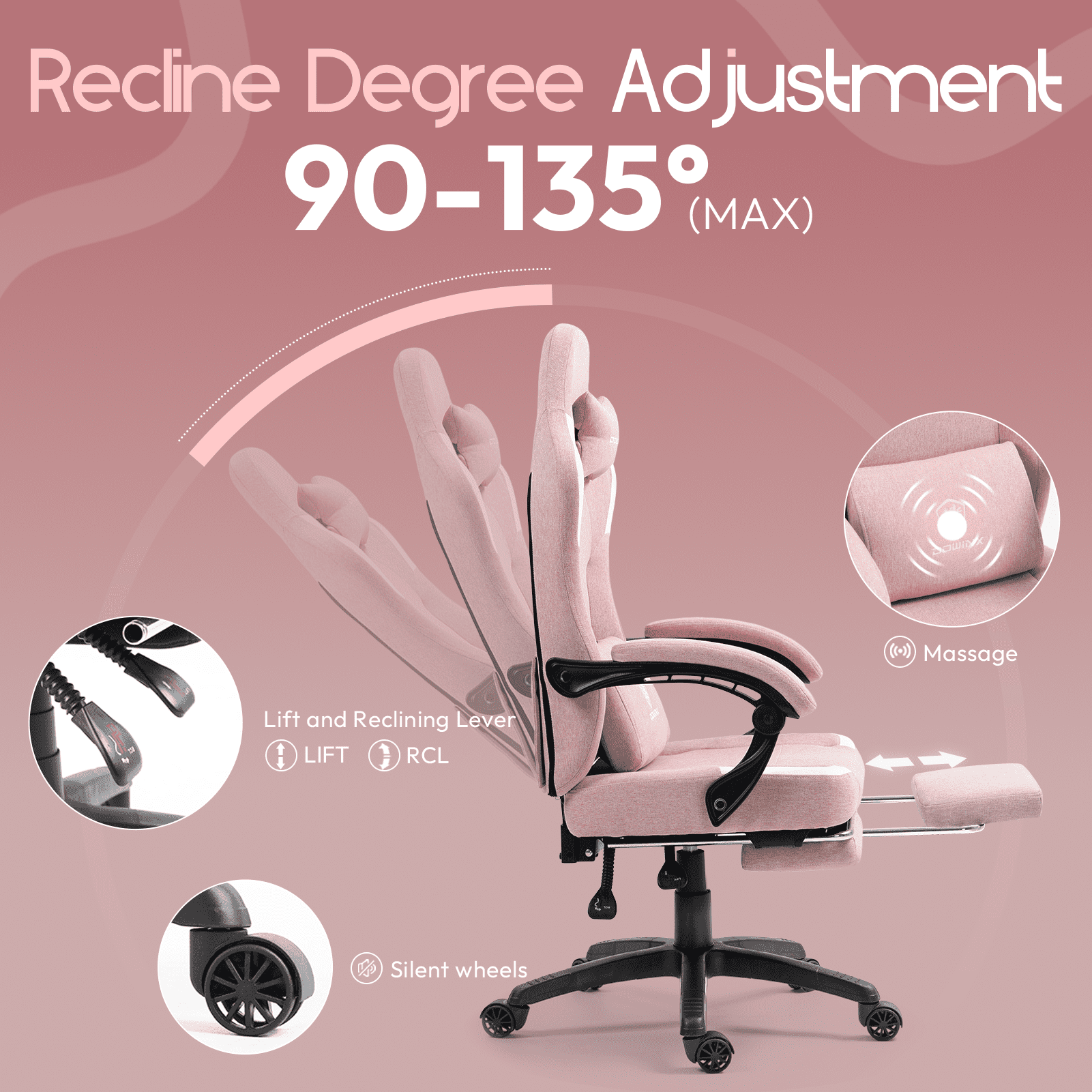 GOOSEA Fabric Gaming Chair with Pocket Spring Cushion, Breathable Computer Chair with Massage Lumbar Support and Footrest, High Back Office Chair for Adults,300lbs, Pink