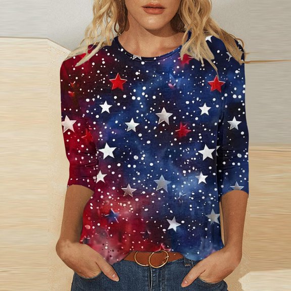 Odbmxy 3/4 Sleeve Tee Shirts for Women Plus Size Independence Day Patriotic Shirts for Women Trendy Stars Summer Vacation Tops