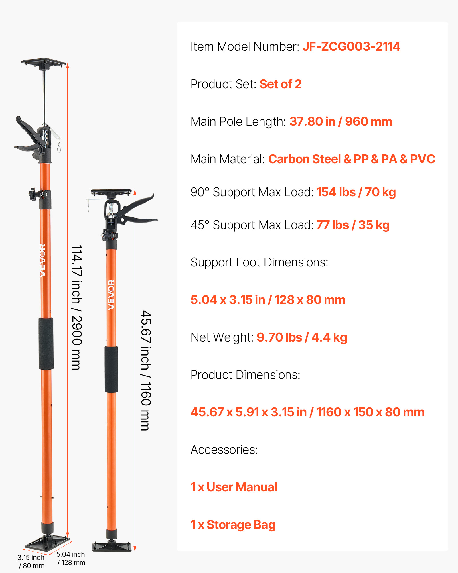 VEVOR Cabinet Jack Support Pole, 2-Pack, 45.7-114.2 Inch Steel Telescopic Quick Support Rod, Adjustable 3rd Hand System up to 154 lbs Capacity for Installing Cabinets, Lifting Drywall, Cargo Bars