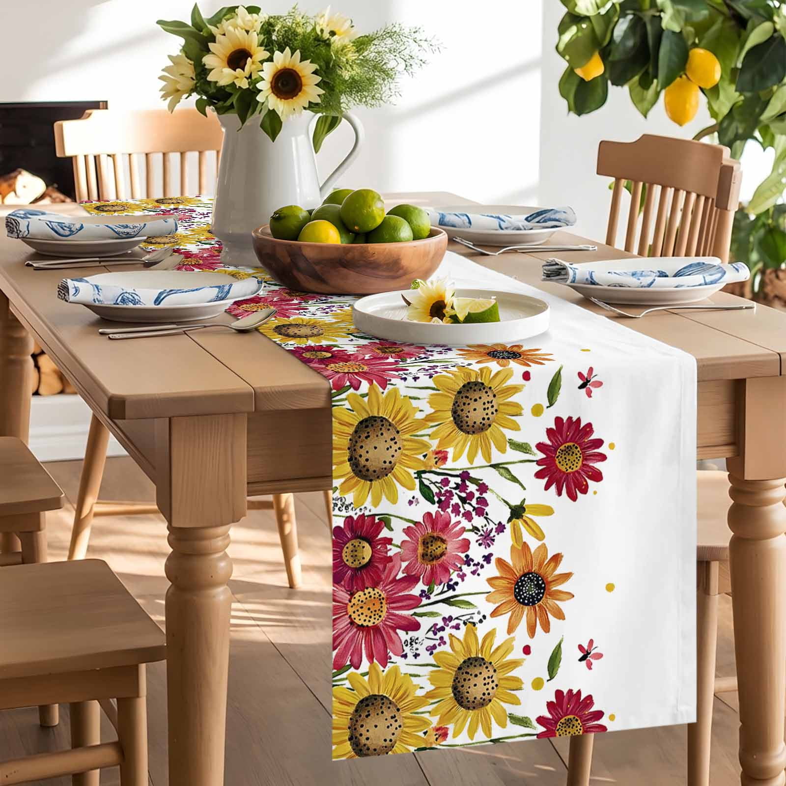 Summer Yellow Red Chrysanthemum Table Runner 90 Inches Long, Watercolor Pastoral Floral Table Runners Tabletop Scarf Kitchen Dining Tables Decoration for Home Party Indoor Outdoor