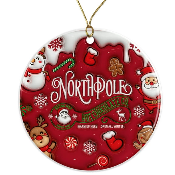 North Pole Hot Chocolate Ornament, Festive Christmas Decoration, Cute Winter Holiday Ornament Ceramic Ornament - 3 Inch Christmas Tree Round Ornament - Xmas Holiday Decor - String Included - ORNW0148