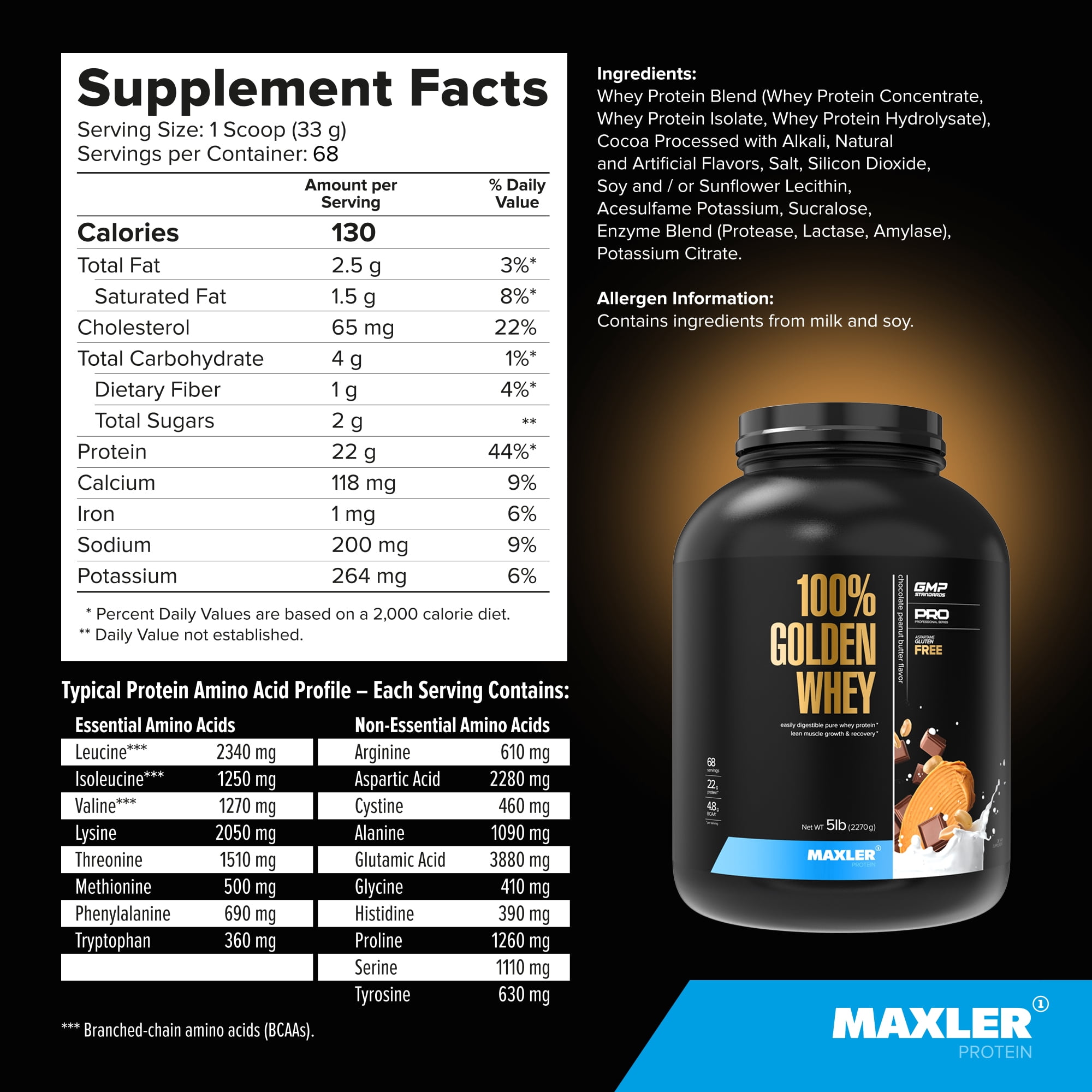 Maxler 100% Golden Whey Protein Powder - Chocolate Peanut Butter 5 lb