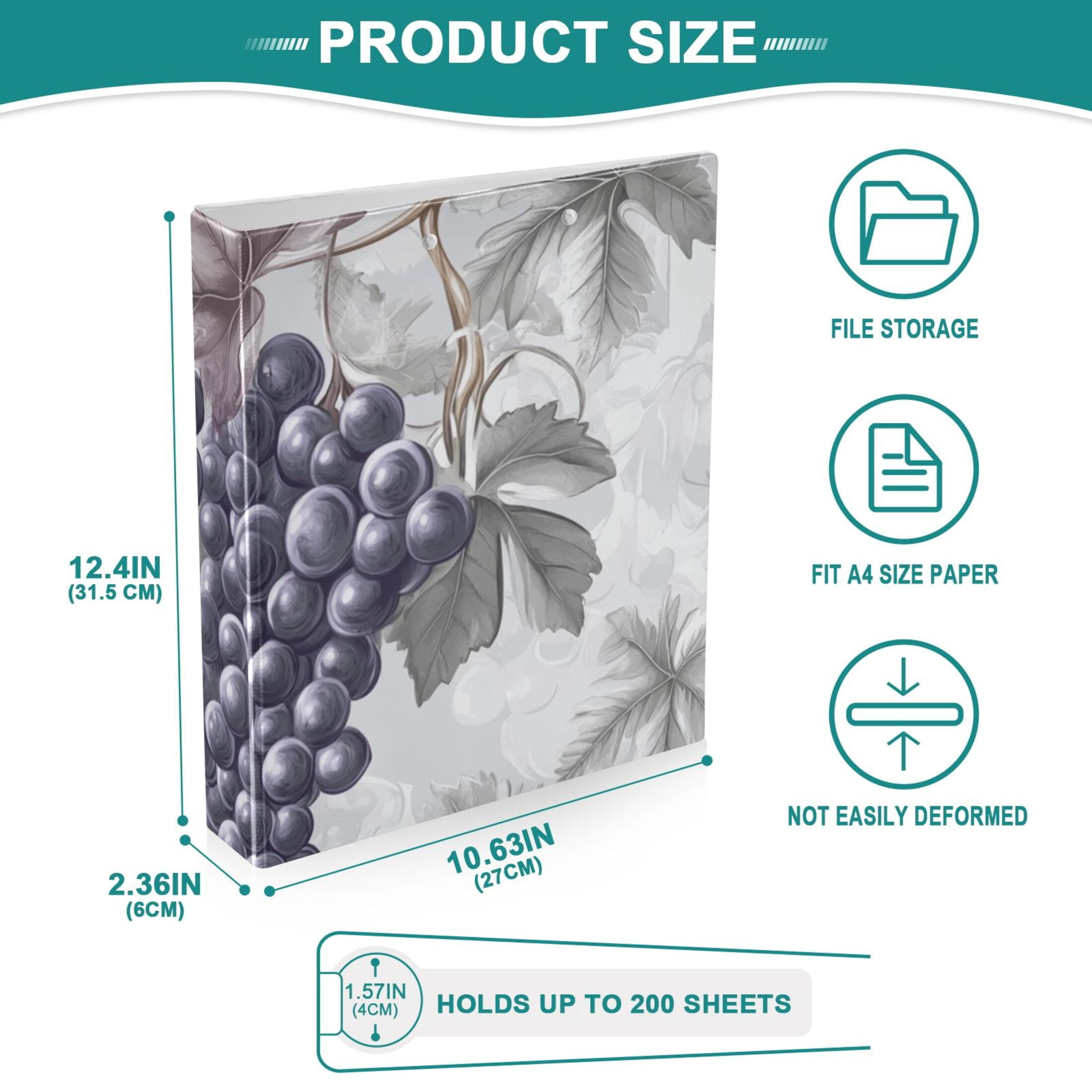 Purple Grapes Leaves 3 Ring Binders 1.5 inch Hardcover File Folders with Interior Pockets A4 Size Organizer for School Office Hospital Set of 2