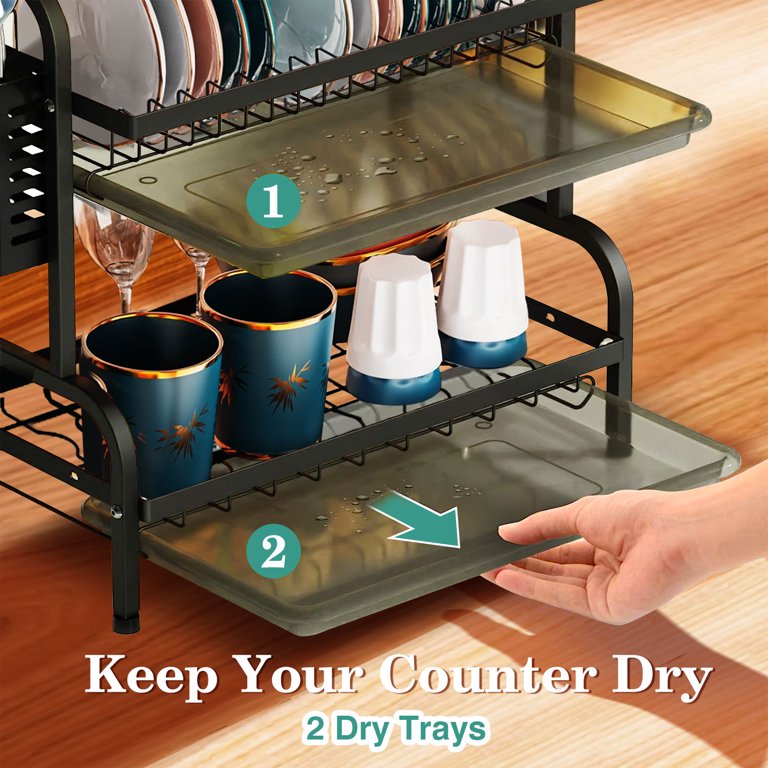 Oture Dish Drying Rack,2 Tier Dish Racks with Tray, Cup Utensil
