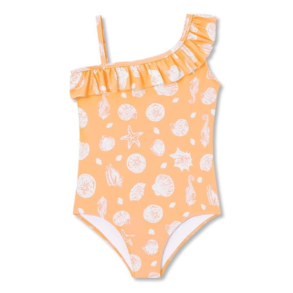 Serdomi Little Girls Orange Seashell Print One-Piece Swimsuit Asymmetrical Ruffle Bathing Suit Size 2T/3