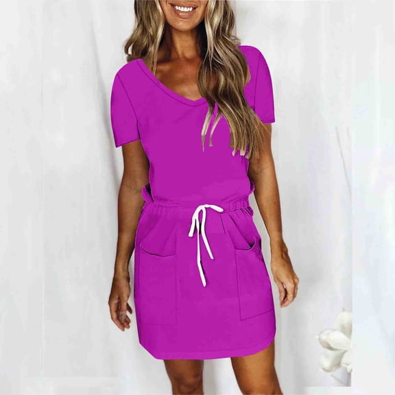 Blmnix Dresses for Women Tshirt Dress Beach Dress Sheath Under Dresses Pink V-Neck Mini Short Sleeve with Pockets Summer Dress for Women,L