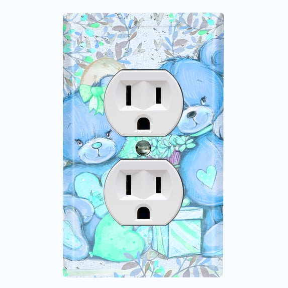 Metal Light Switch Wall Plate Outlet Cover (2 Teddy Bears Blue Teal With Love Heart Balloon Flower - Single Duplex)