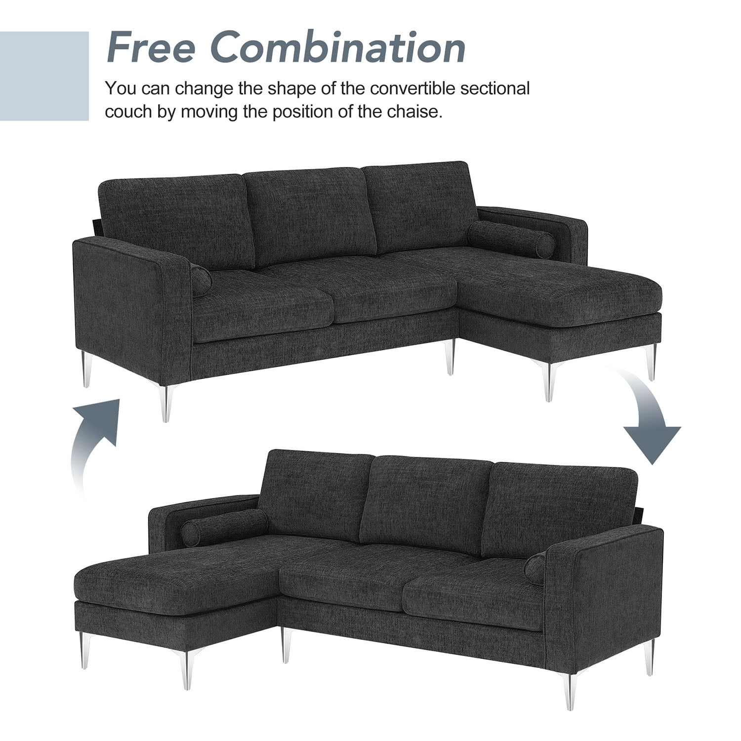 Kadyn 86" Convertible Sectional Sofa, Modern Chenille Fabric Sofa with Reversible Chaise and 2 Pillows, L-Shaped 3-Seat Sofa for Apartment, Dark Grey