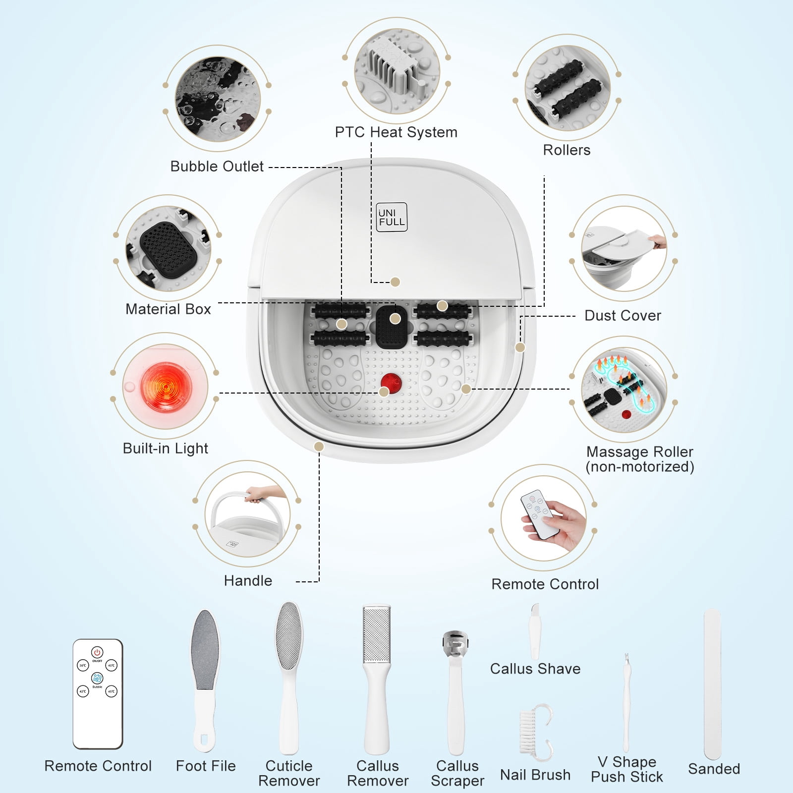 UNIFULL Foot Spa Bath with Heat and Temperature Control, Massager Roller, Bubble, Remote Control, Pedicure Kit, Red Light, Large Heating Foot Bath-White