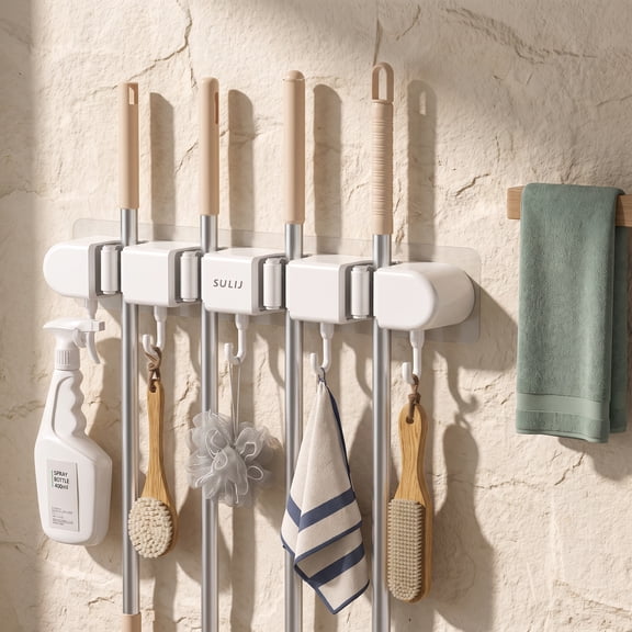 No-Drill Broom Holder Wall Mount - 4 Pack Self-Adhesive Mop and Broom Storage Rack with 5 Hooks for Bathroom, Kitchen, Closet, and Garage
