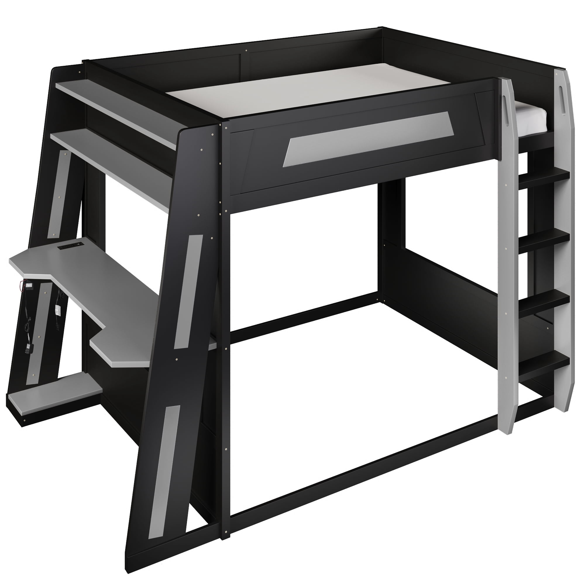 Euroco Queen Size Bunk Bed with Desk and Shelves, Gaming Bed with LED Light and USB Charging, Black & Grey