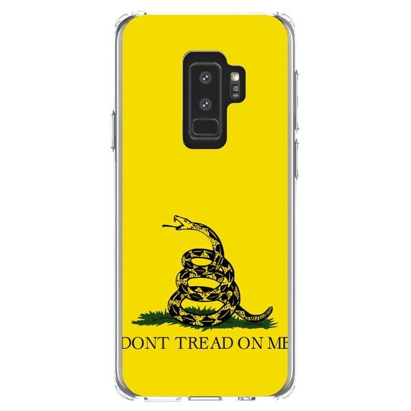 DistinctInk Clear Shockproof Hybrid Case for Samsung Galaxy S9  PLUS (6.2" Screen) - TPU Bumper, Acrylic Back, Tempered Glass Screen Protector - Don't Tread On Me - Gadsden Flag