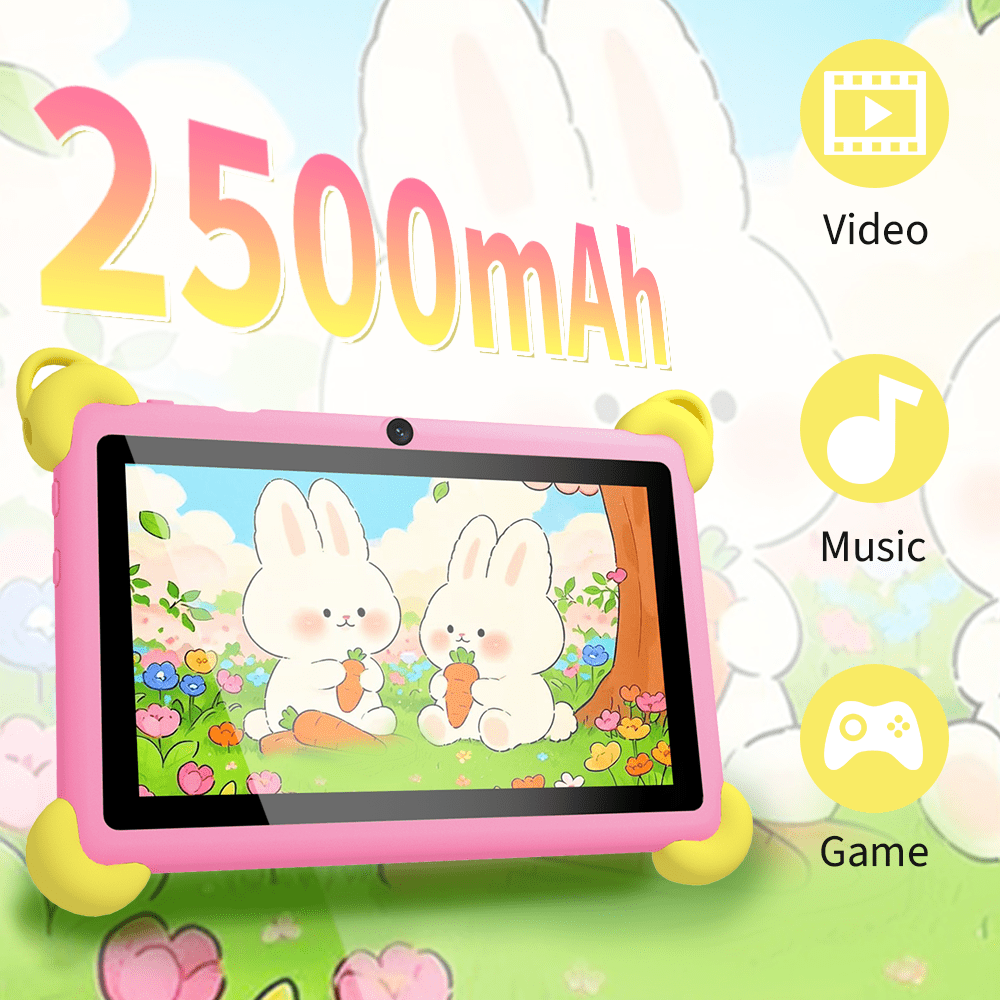 Veidoo 7-inch Android Kids Tablet, 2+32GB, Dual Cameras, Shockproof Case, Rabbit Stand Integrated Design, Detachable Shoulder Strap，Quad-Core Processor, iwawaAPP, Parental Control(Pink)