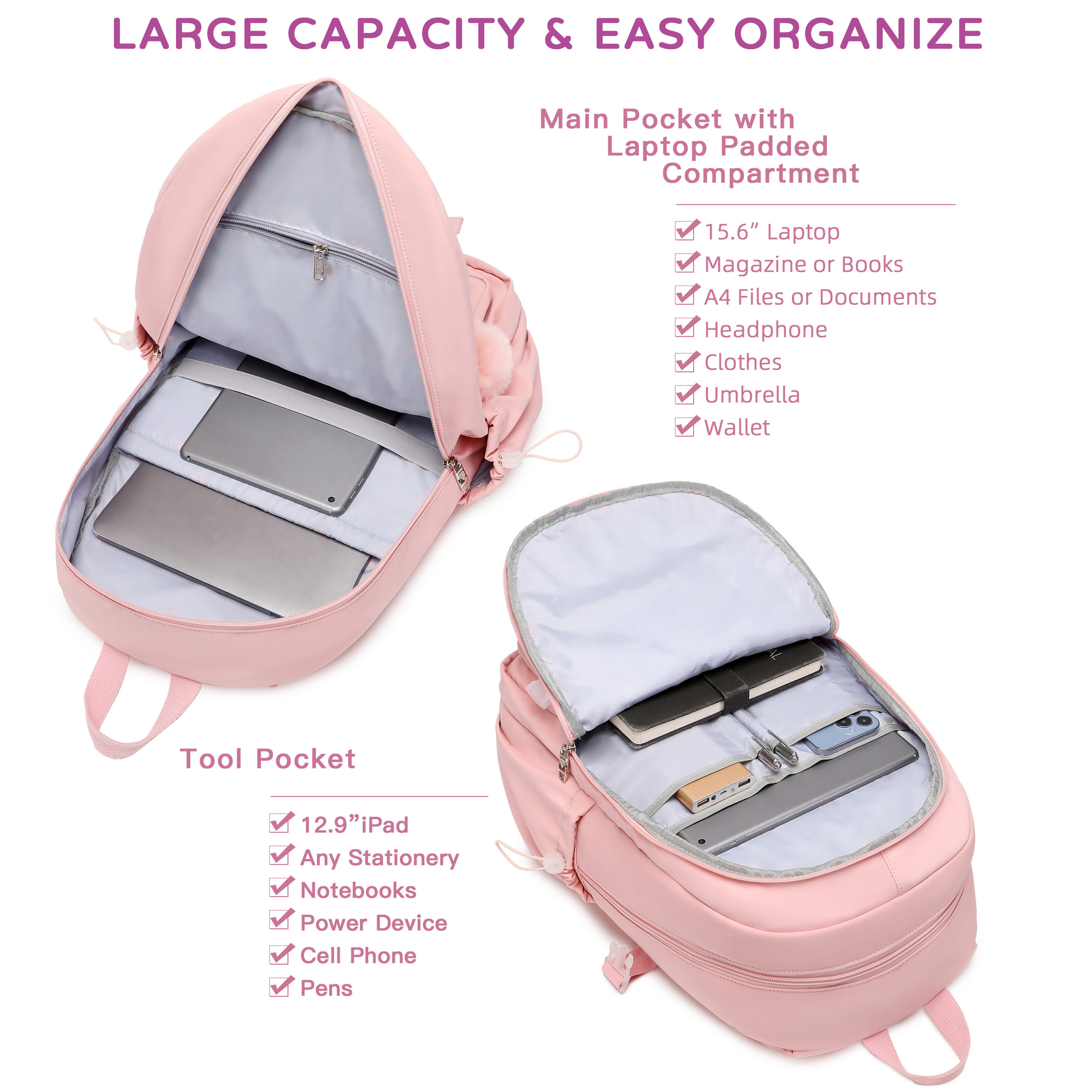 Mochila para laptop de 15.6 pulgadas para niños, primaria, secundaria, preparatoria y universidad, antirrobo, para viajes, grande, para adolescentes y mujeres estudiantes (rosa) 2