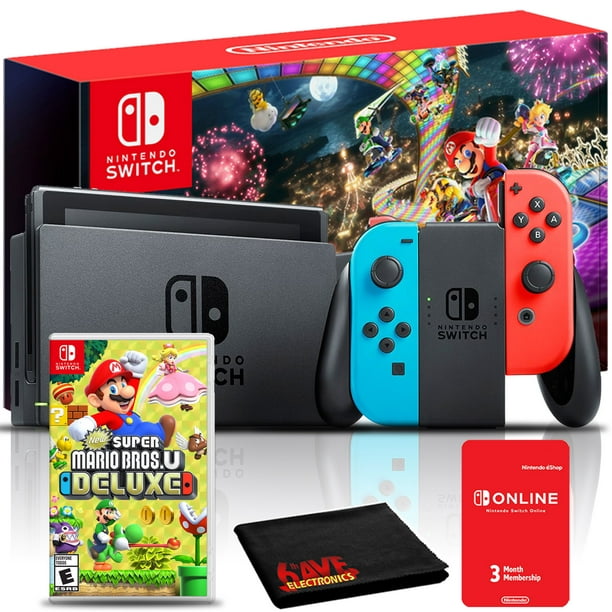 Nintendo Switch with Neon Blue and Neon Red Joy-Con + New Super Mario Bros.  U Deluxe (Full Game Download) - Switch Console : Video Games 