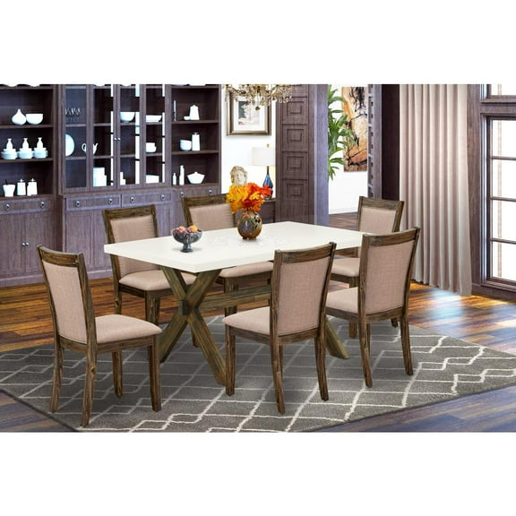 East West Furniture X726MZ716-7 7 Piece Modern Table Set - A Dining Table with Trestle Base and 6 Dining Room Chairs - Distressed Jacobean Finish