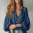thumbnail image 5 of Wenini Women's Boho V Neck Puff Sleeve Crinkle Fabric Top Loose Drop Shoulder Casual Blouse Top Trendy Travel Shopping Outfit, 5 of 6