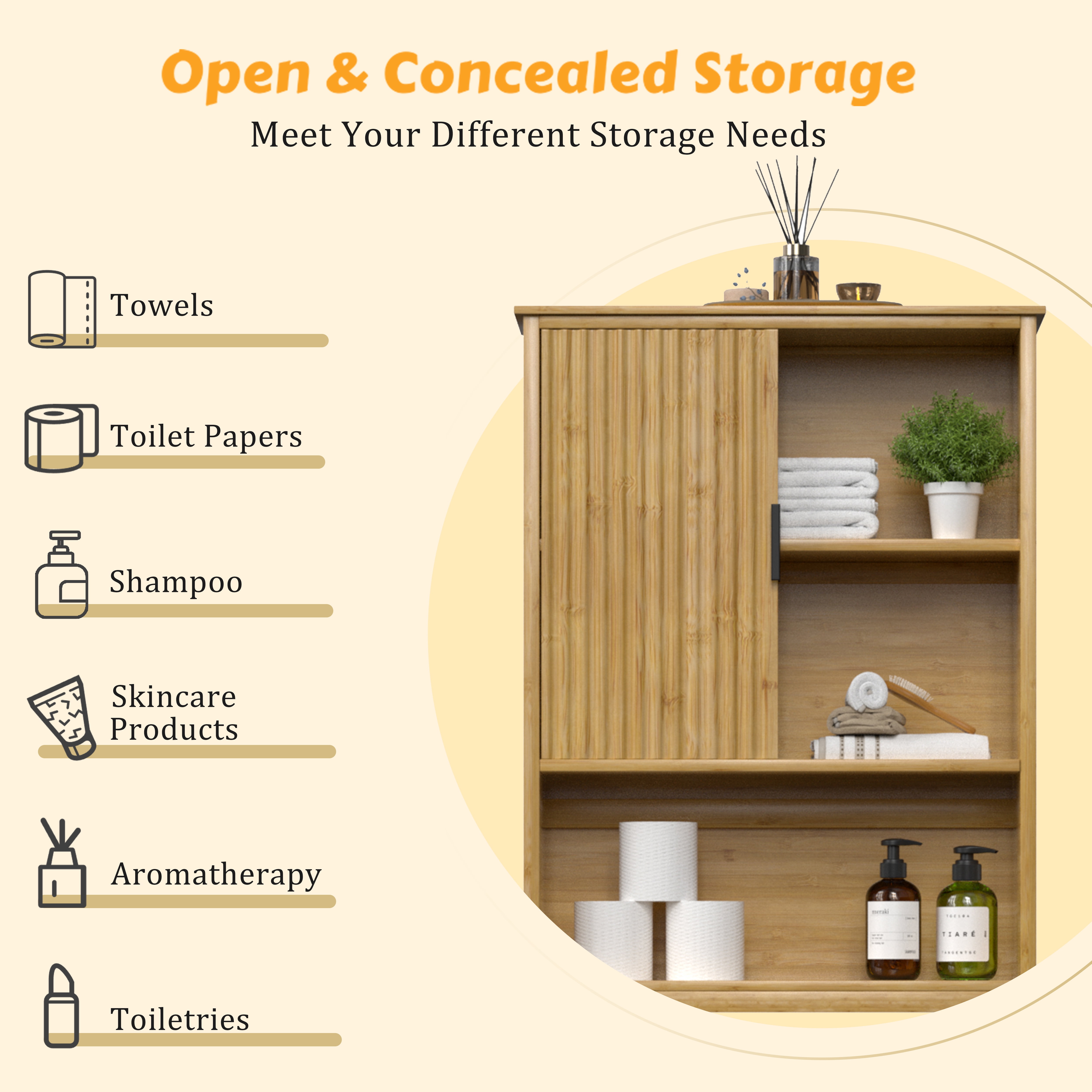 VEIKOUS Bamboo Fluted Over-The-Toilet Storage Cabinet Space Saving Bathroom Organizer w/ Shelves and Cupboard, Natural