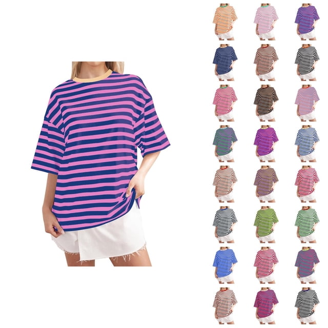 T-shirt Rayé pour Femmes 2026 Été Tendance Manches Courtes Col Rond Confortable Léger