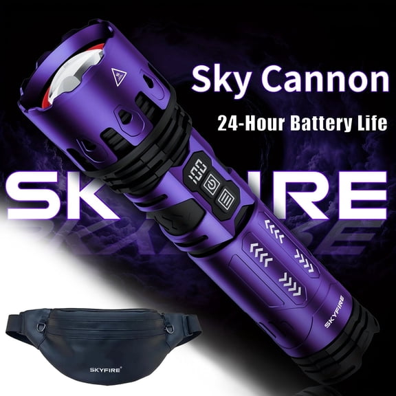 SKYFIRE Rechargeable LED Flashlight with Waist Bag, 1100 Lumens, 25W High Power, 20-24H Long Battery Life, Pneumatic Zoom, LCD Display, Portable for Camping Hiking Emergency Outdoor Use