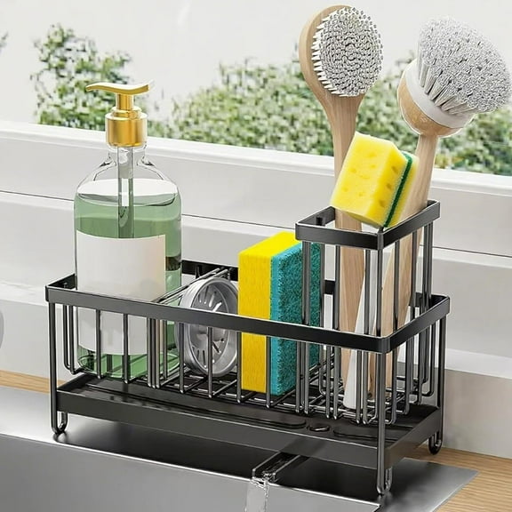 Sponge Holder for Kitchen Sink – Stainless Steel Sink Caddy Organizer with Brush Holder, Rustproof 304 Stainless Steel Countertop Storage for Soap Dispenser, Soap, Sponge, Dish Brush