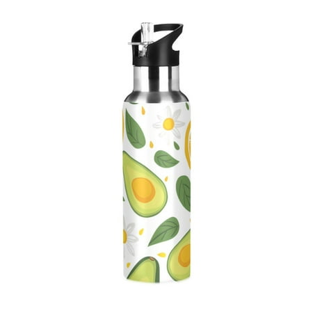 

ALAZA Avocado Lemon Leaves Water Bottle Insulated Flask Stainless Steel Straw Lid 20 oz