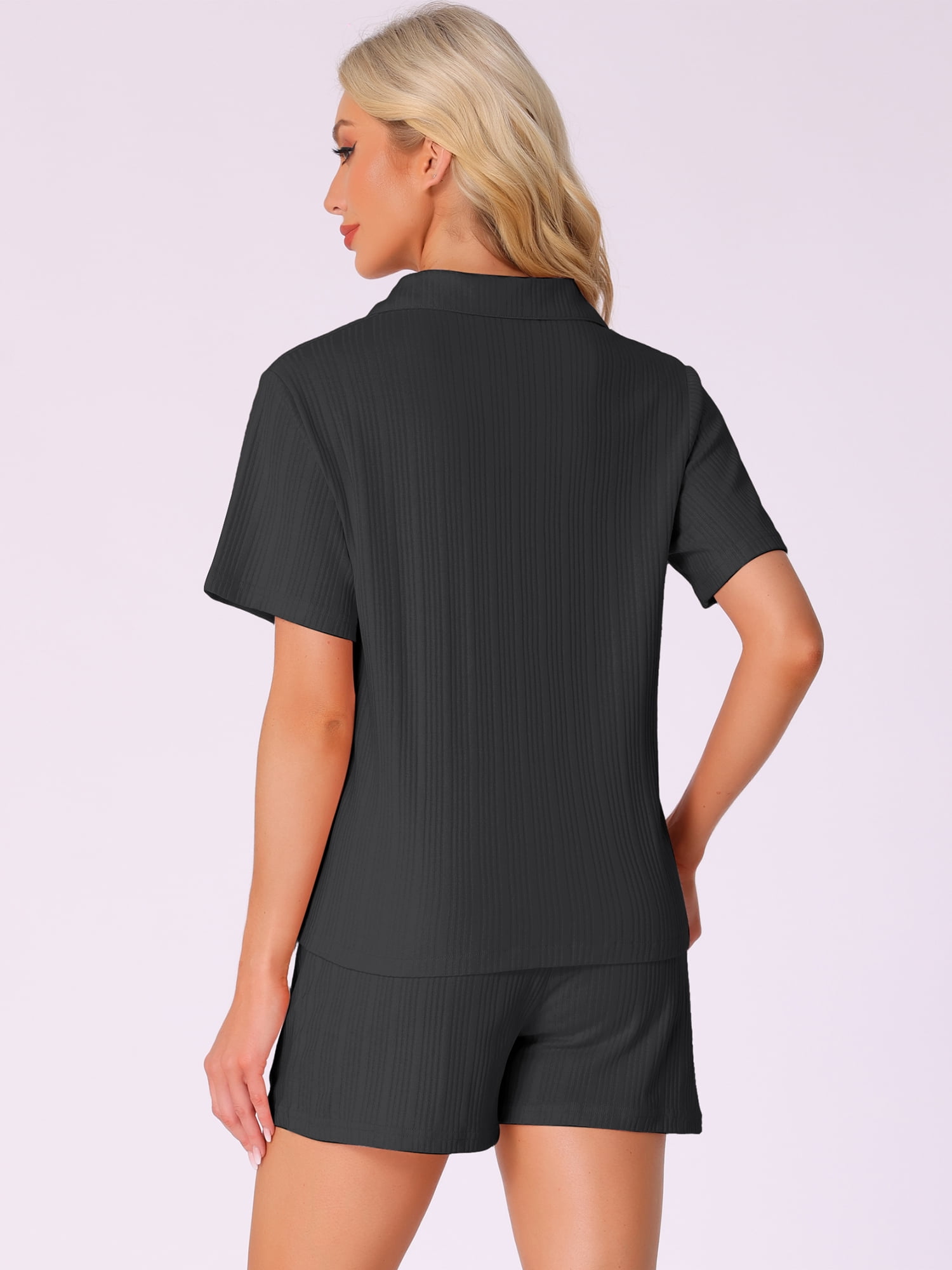 DARING DIVA Pajamas Set 100% Cotton Button Down Notch Collar Sleepwear L Black