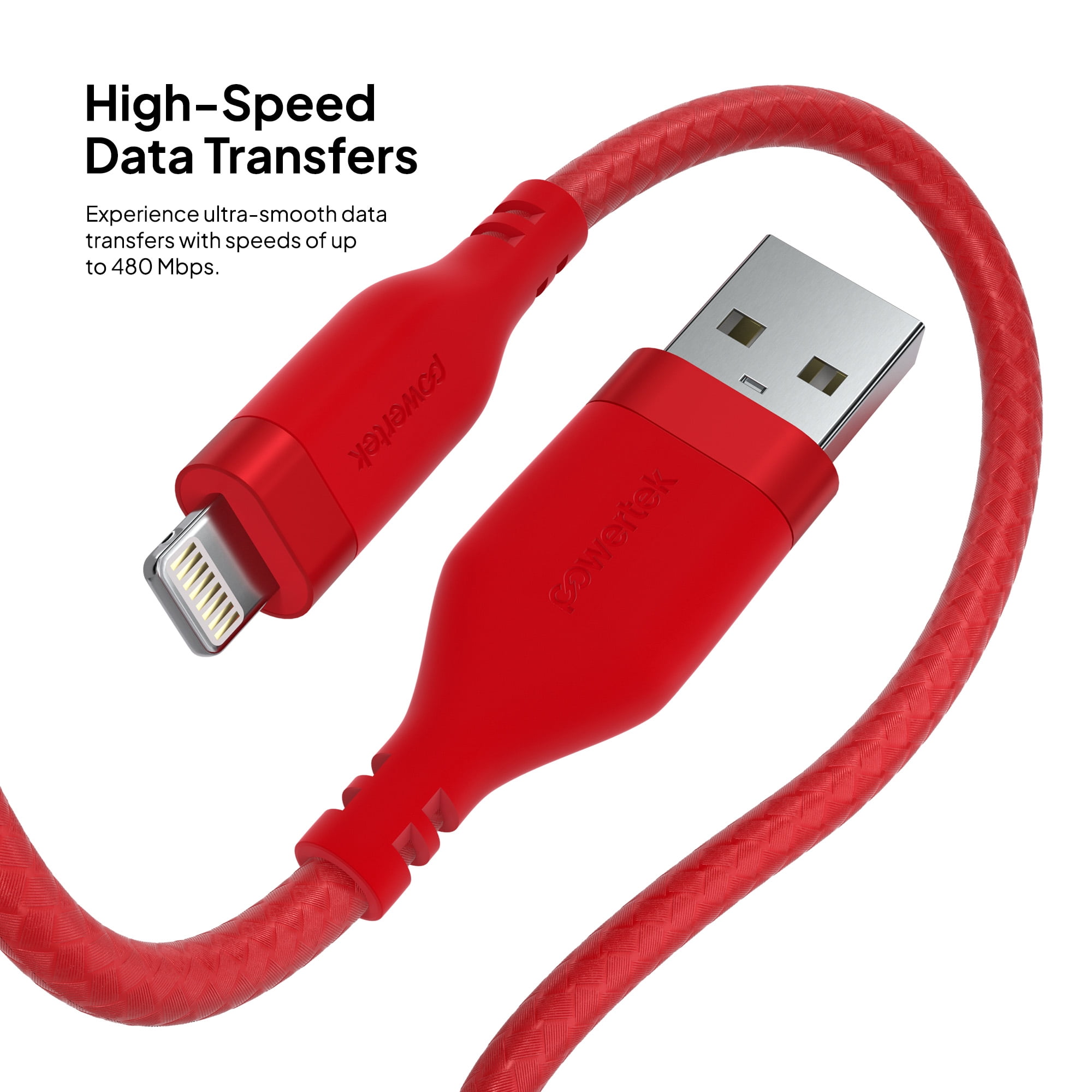 Powertek MFi Certified USB-A to Lightning Charging Cable, Carbon Design Texture, 6 ft, Red