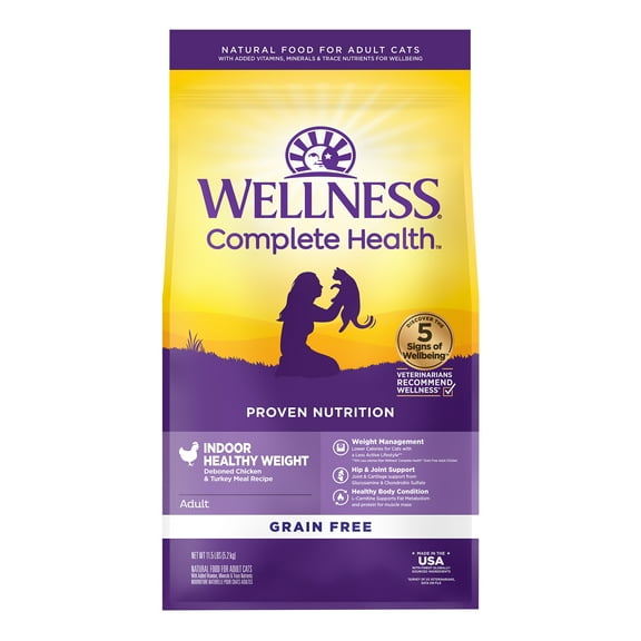 Wellness Complete Health Adult Dry Cat Food for Indoor Cats, Grain Free, Natural, Healthy Weight Chicken & Turkey Meal (11.5 Pound Bag)
