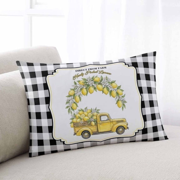 Yellow Lemon Throw Pillow Covers, Summer Country Truck Floral Botanical Black Plaid Soft Breathable Pillow Cases with Zipper for Sleeping, Toddler Pillowcases for Couch Bed Sofa Chair 12x20 Inches