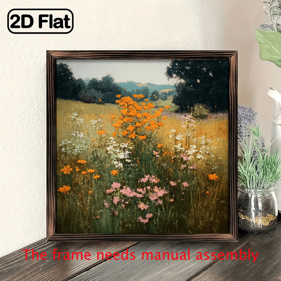 2D Flat, 1pc Vibrant Wall Art Vibrant 8x8 Inch Wooden Framed Wall Art Floral Landscape with Sunflowers, Wildflowers - Perfect for Bathroom, Kitchen, Dining Room Decor Ideal Gift for Family.