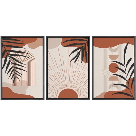 IDEA4WALL Framed Canvas Print Wall Art Set of 3 Geometric Jungle Palm Leaf & Polygon Pattern Wall Decor Colorful Abstract Collage Prints Minimal Modern Art Nordic Zen Artwork - Black 16"x24"x3