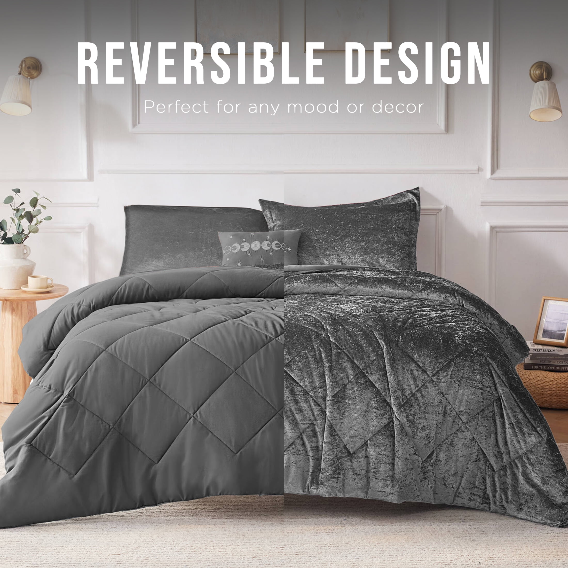 Regency Heights Full/Queen Size Comforter Sets, Velvet Bedding Comforter Set for All Seasons, Grey Bedding Set with Decor Pillow, 4-Piece