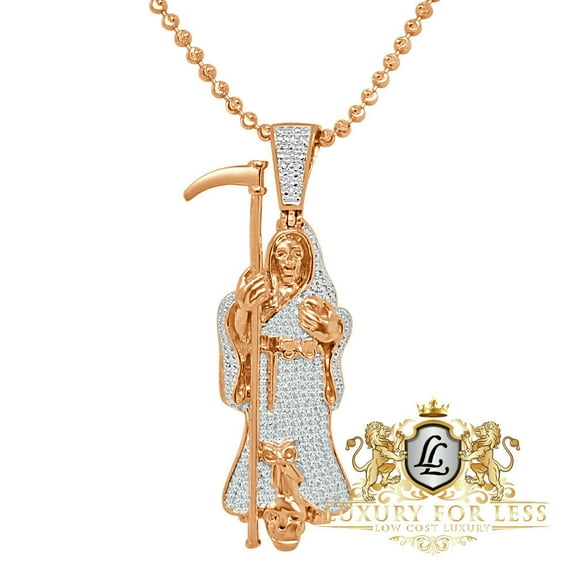 Real Diamond Santa Muerte Grim Reaper Angel of Death 10K Rose Gold Over Pendant Charm