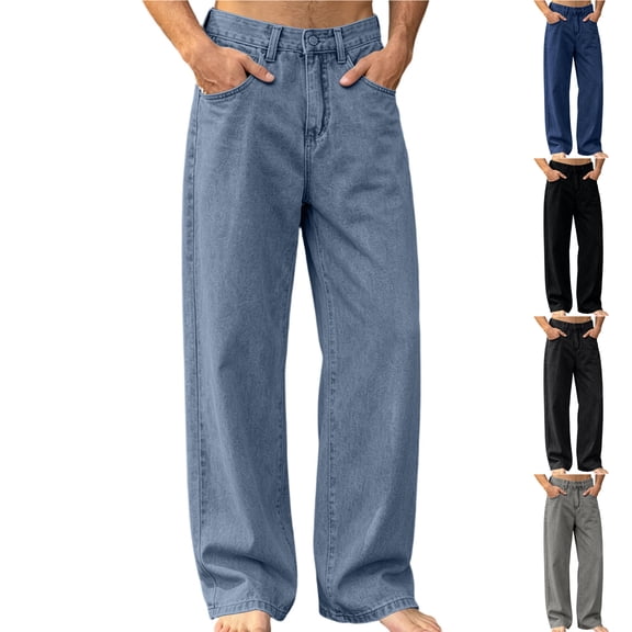 LODIENY Men Baggy Jeans Straight Wide Leg Skater Hip Hop Denim Pants Loose Fit Button Waist Vintage Y2K Streetwear Trousers with Pockets Sky Blue M