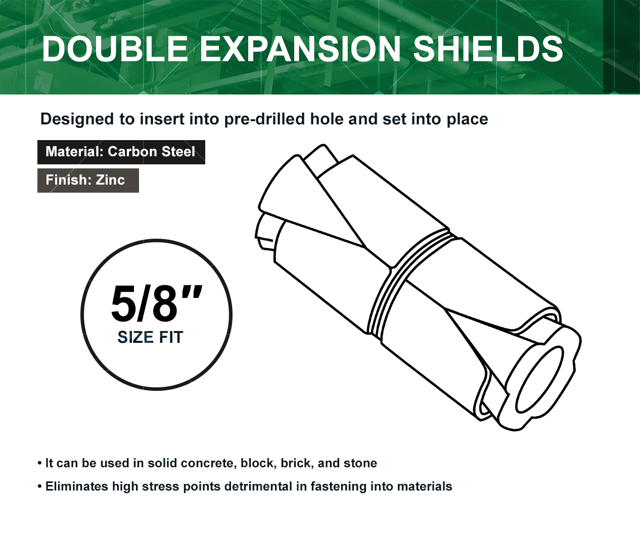 Highcraft 5/8” Double Expansion Shield, Zinc, 24 Pack