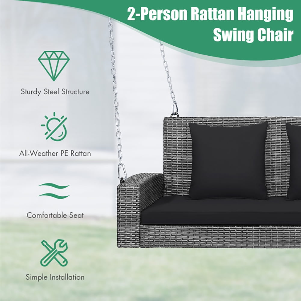 Aimee Lii 2-Person Patio PE Wicker Hanging Porch Swing Bench Chair Cushion 800 Pounds, Outdoor Patio Furniture, Black