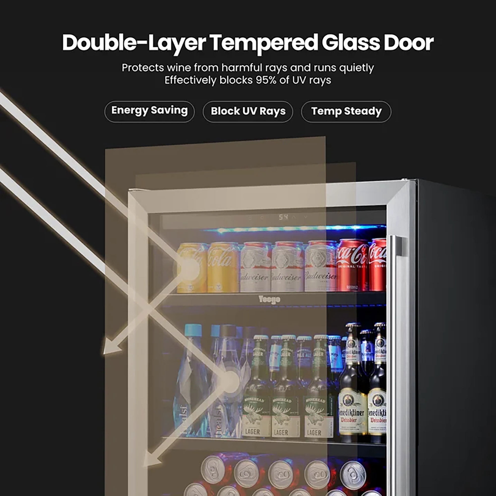 Yeego 24 Inch 180 Cans Beverage Refrigerator Cooler, Double Layer Glass Door, Built-in/Freestanding for Beer Soda Water, Left Hinge